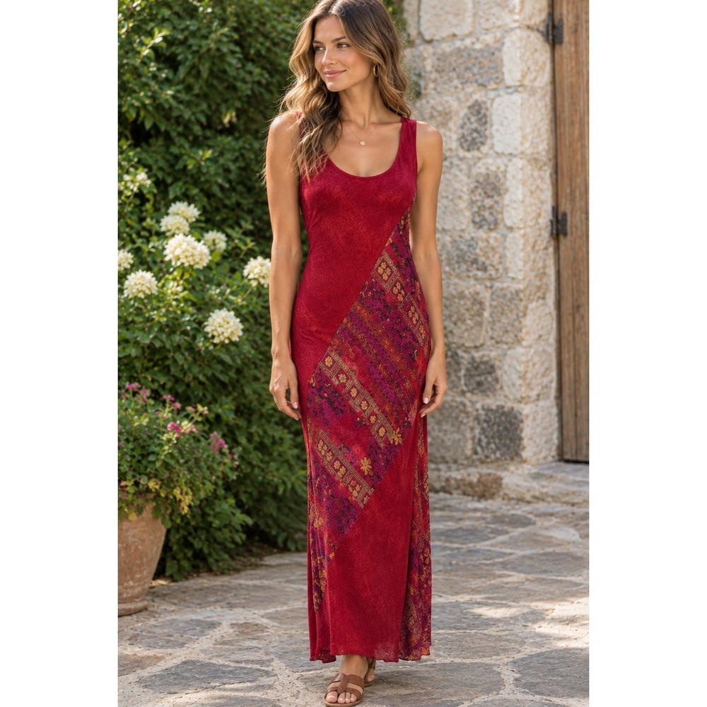 Vintage Jessica Howard Red Rayon Maxi Dress Boho Floral Sleeveless 90s Small